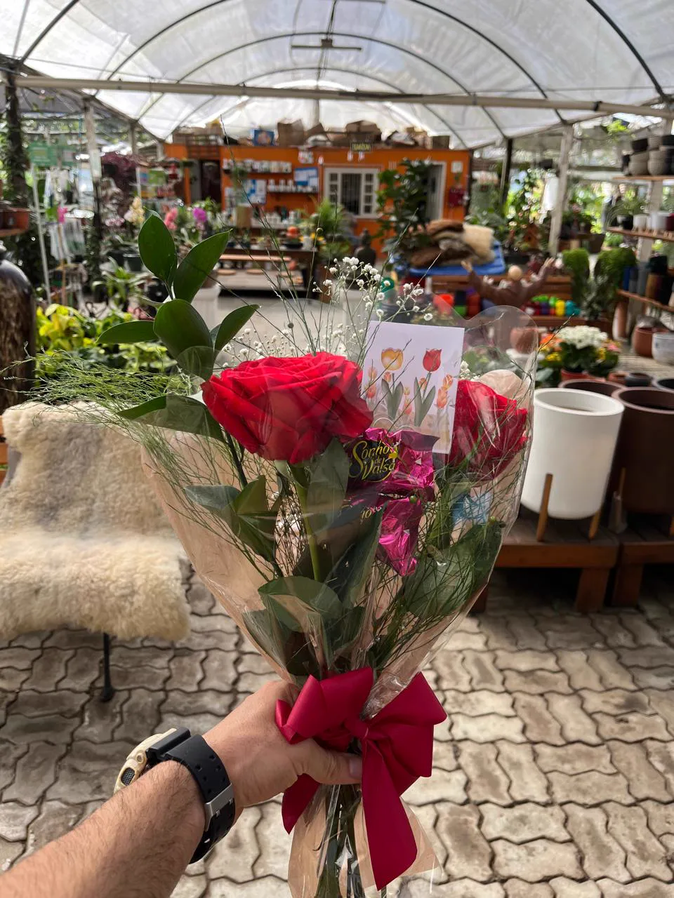 Buquê de rosas vermelhas na mão, dentro da estufa
