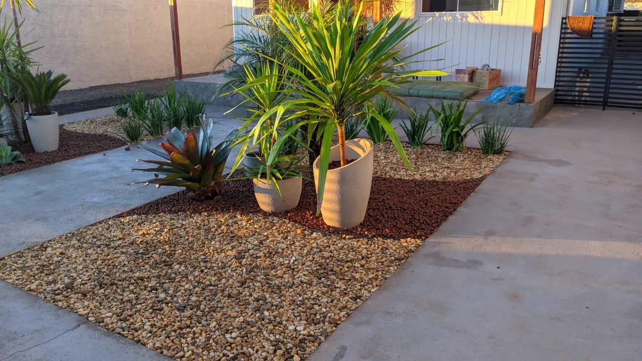 Jardim de entrada com pedras claras, dracenas em vasos e cicas